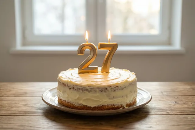 Een zelfgemaakte roomtaart met brandende cijferkaarsen in de vorm van 27 staat op een houten tafel met een raam op de achtergrond.