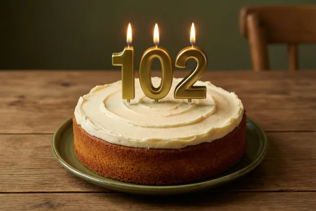 Een zelfgemaakte roomtaart met drie brandende gouden cijferkaarsjes die 102 vormen staat op een groen bord op een houten tafel.
