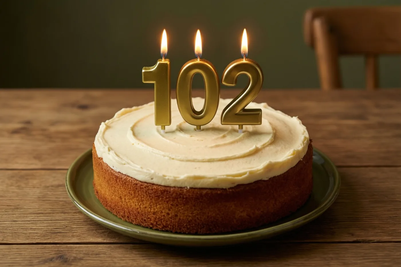 Een zelfgemaakte roomtaart met drie brandende gouden cijferkaarsjes die 102 vormen staat op een groen bord op een houten tafel.
