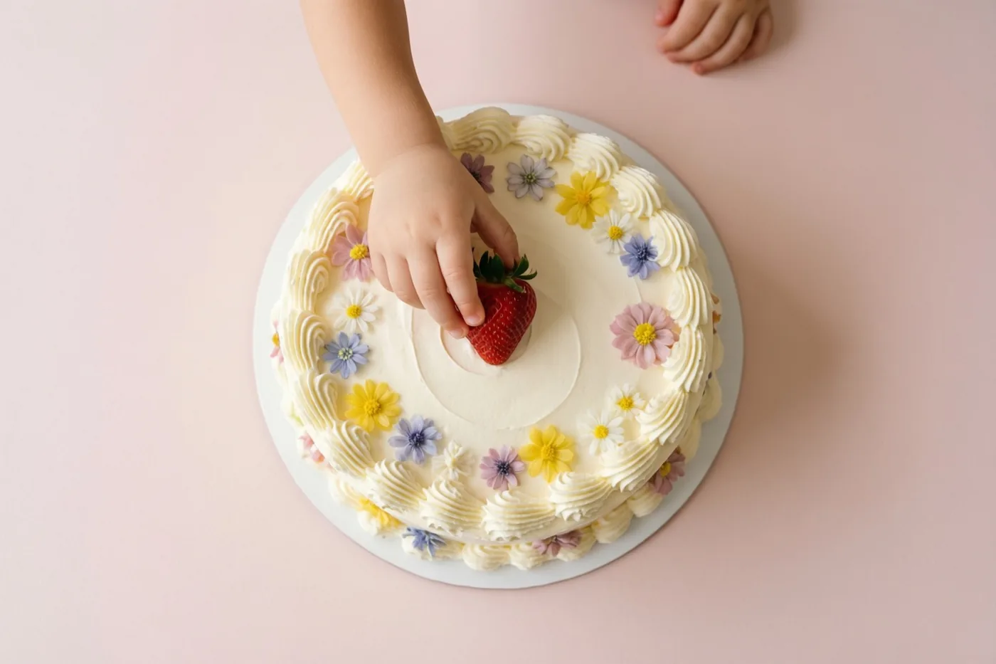 Een kinderhand legt een aardbei op een roomtaart met kleurrijke suikerbloemen tegen een effen roze achtergrond.
