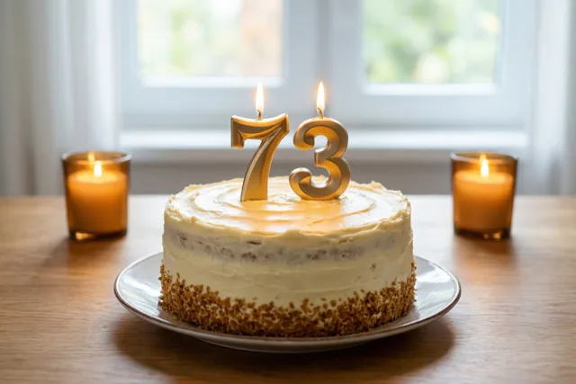 Een ronde roomtaart met gouden cijferkaarsen 73 staat op een houten tafel tussen twee brandende kaarsen in amberkleurige houders, met een raam op de achtergrond.