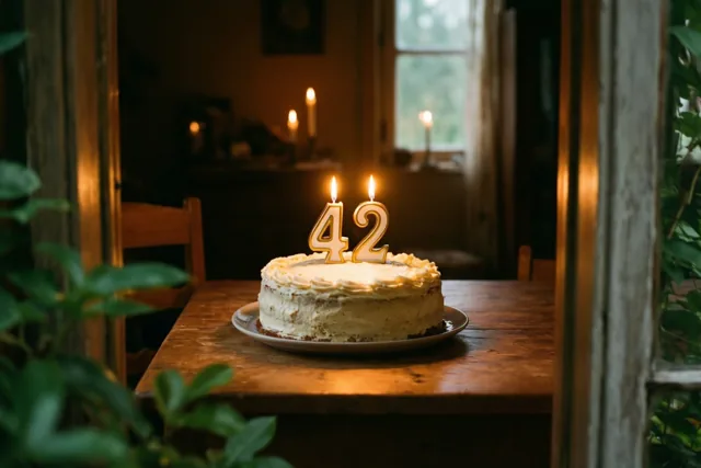 Een zelfgemaakte roomtaart met brandende cijferkaarsjes die 42 vormen staat op een houten tafel in een schemerige kamer, omlijst door houten deuropeningen en groene bladeren.