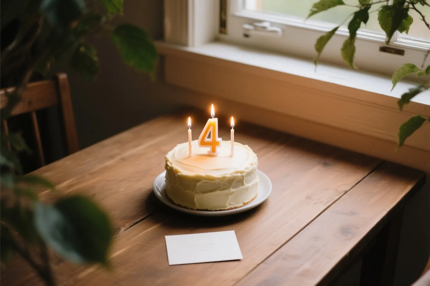 Een klein zelfgemaakt roomtaartje met drie brandende kaarsjes, waaronder een cijferkaarsje 4, staat op een houten tafel bij een raam tussen groene planten.