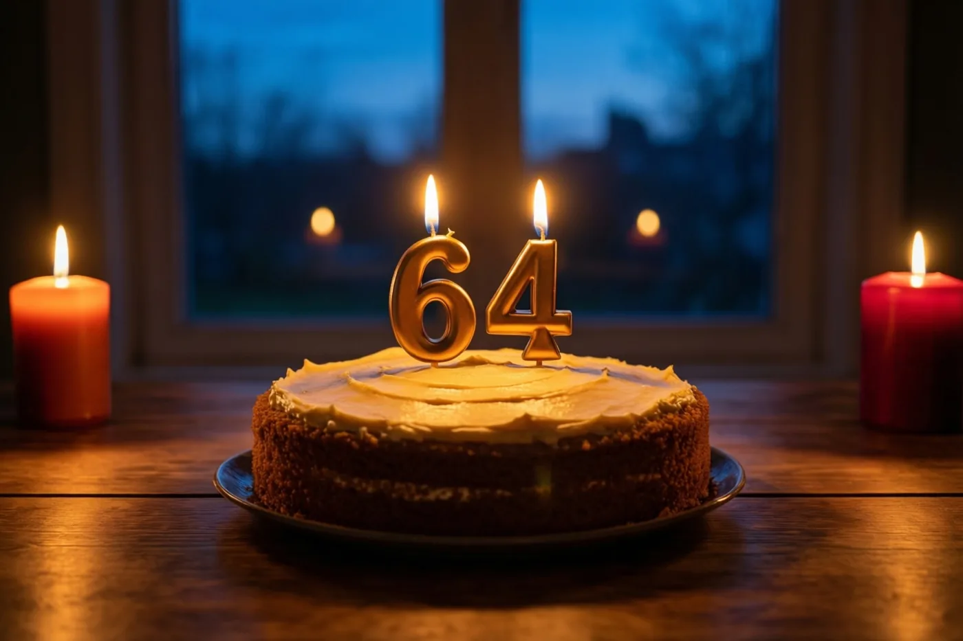 Een zelfgemaakte roomtaart met brandende cijferkaarsjes die 64 vormen staat op een houten tafel voor een raam met een schemerblauwe hemel.