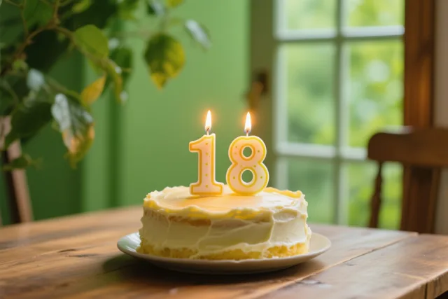Een kleine zelfgemaakte roomtaart met twee brandende cijferkaarsjes die 18 vormen staat op een houten tafel, met een groene muur en een raam op de achtergrond.