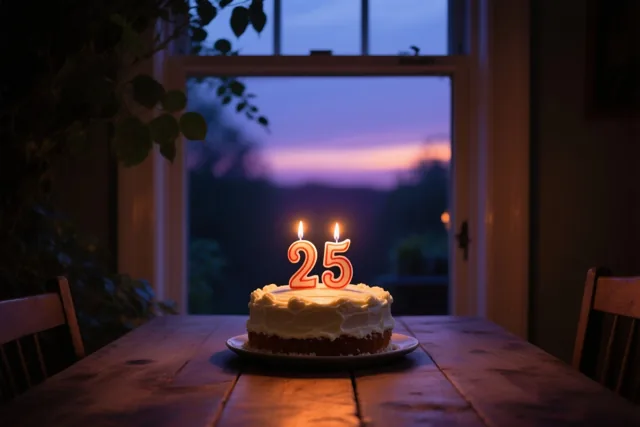 Een kleine zelfgemaakte roomtaart met twee brandende cijferkaarsen die 25 vormen staat op een houten tafel, met door het raam een paarse en oranje avondlucht.