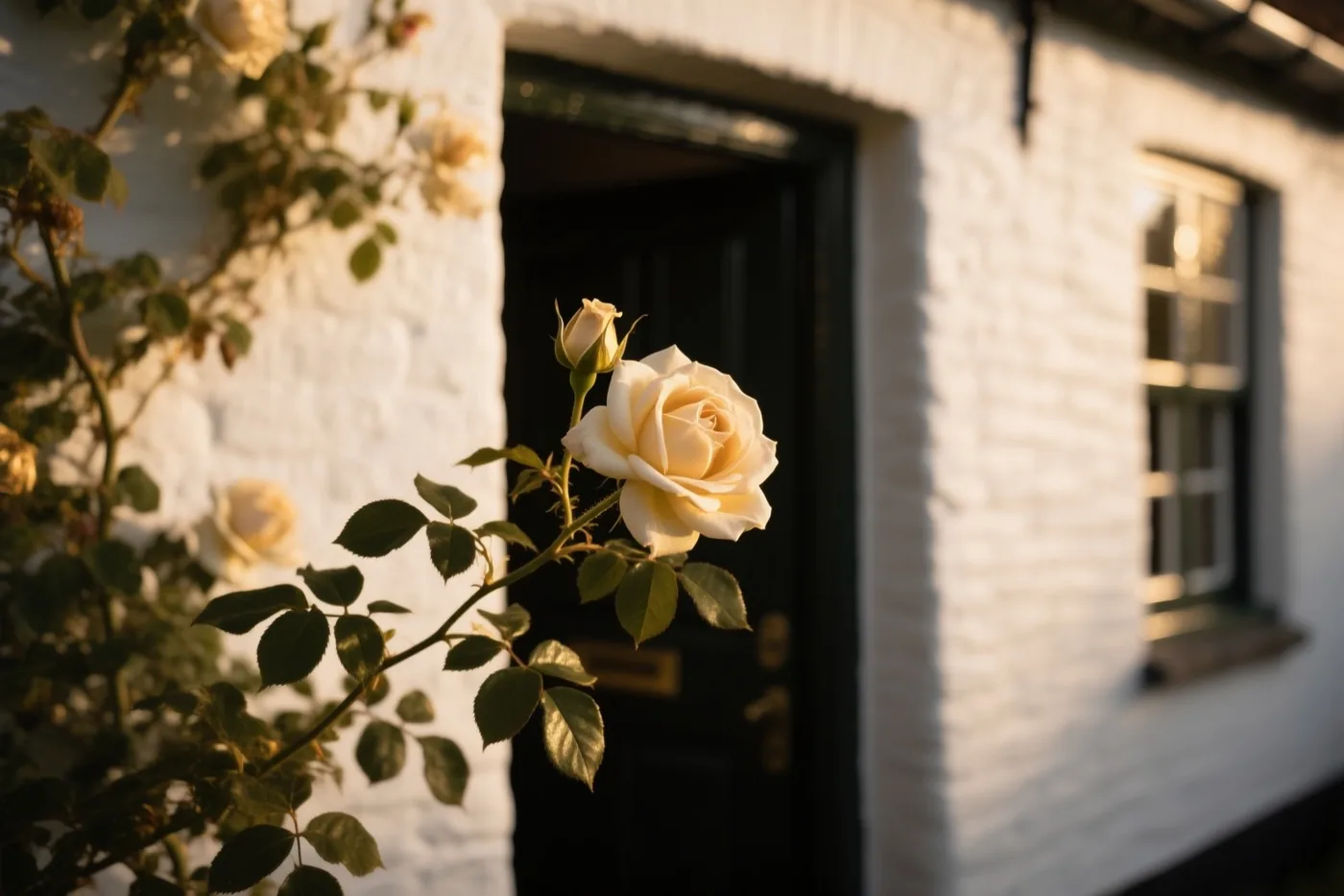 Een klimroos met roomwitte bloemen en groene bladeren groeit boven de deuropening van een witgekalkt huisje in goudkleurig zonlicht.