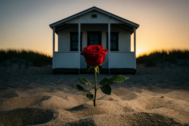 Een rode roos groeit uit het zand op de voorgrond, met een wit strandhuisje erachter bij zonsondergang in warm goudkleurig licht onder een lucht met zachte kleurovergangen.