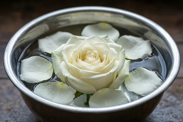 Een witte roos drijft in een zilveren kom met water, omringd door losse witte rozenblaadjes, op een donkere houten ondergrond.