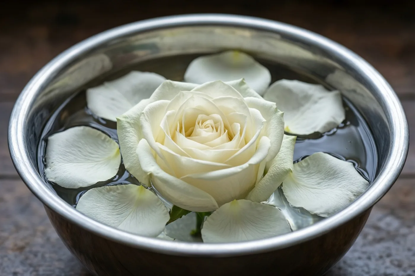 Een witte roos drijft in een zilveren kom met water, omringd door losse witte rozenblaadjes, op een donkere houten ondergrond.