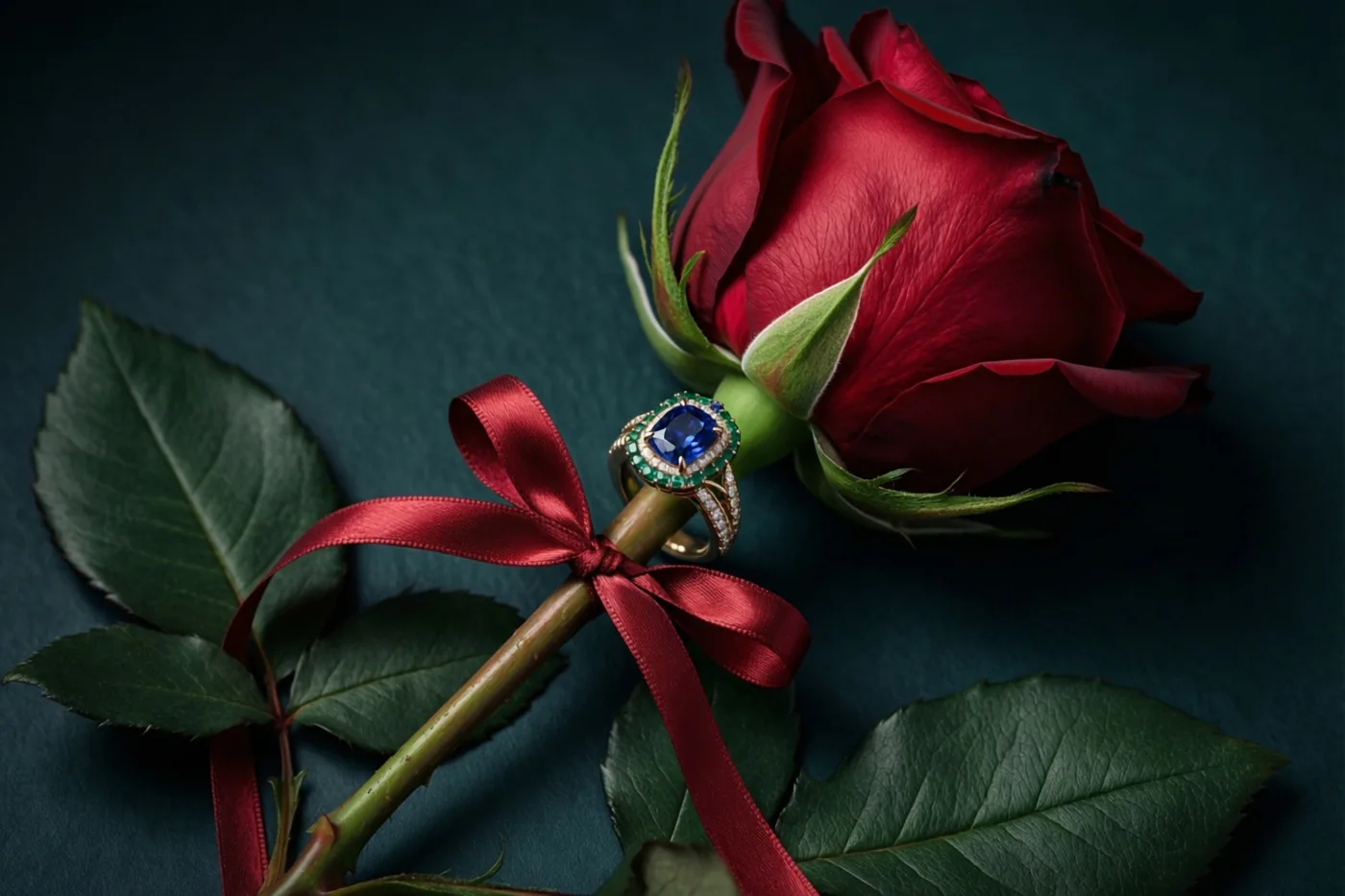 Een ring met een blauwe edelsteen en groene accenten is met een rood lint aan de steel van een rode roos gebonden tegen een donkere blauwgroene achtergrond.