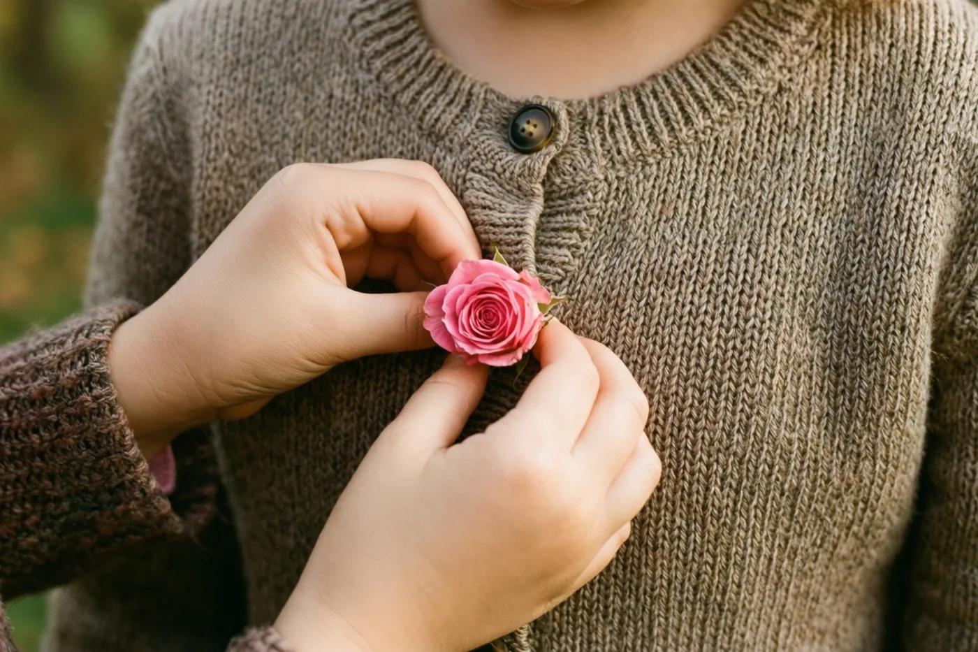 Kleine kinderhanden steken een roze roos in het knoopsgat van de bruine gebreide vest van een moeder, in zacht buitenlicht.