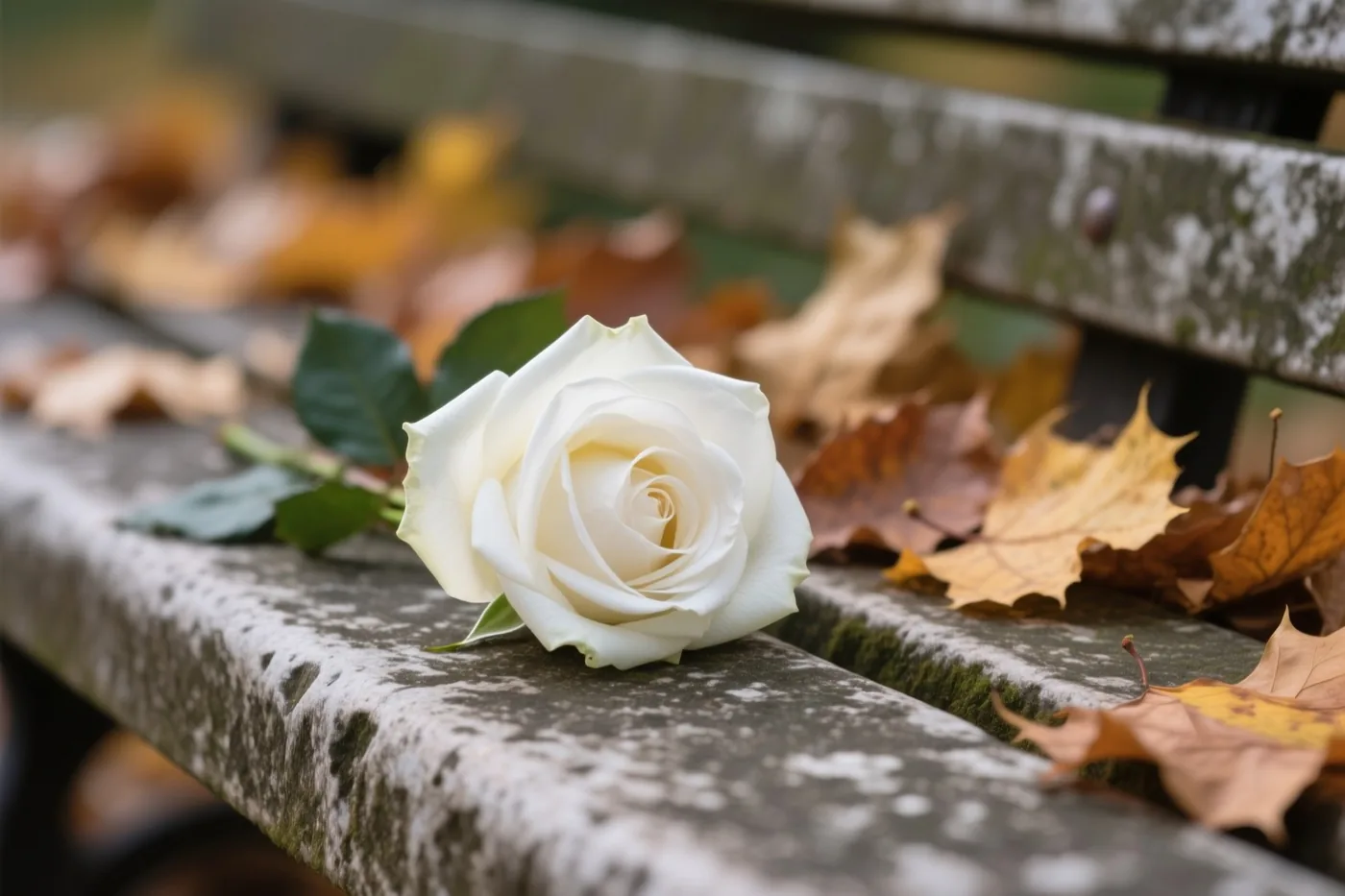 Een witte roos ligt op een verweerde stenen bank tussen gevallen herfstbladeren in zacht licht en gedempte aardetinten.