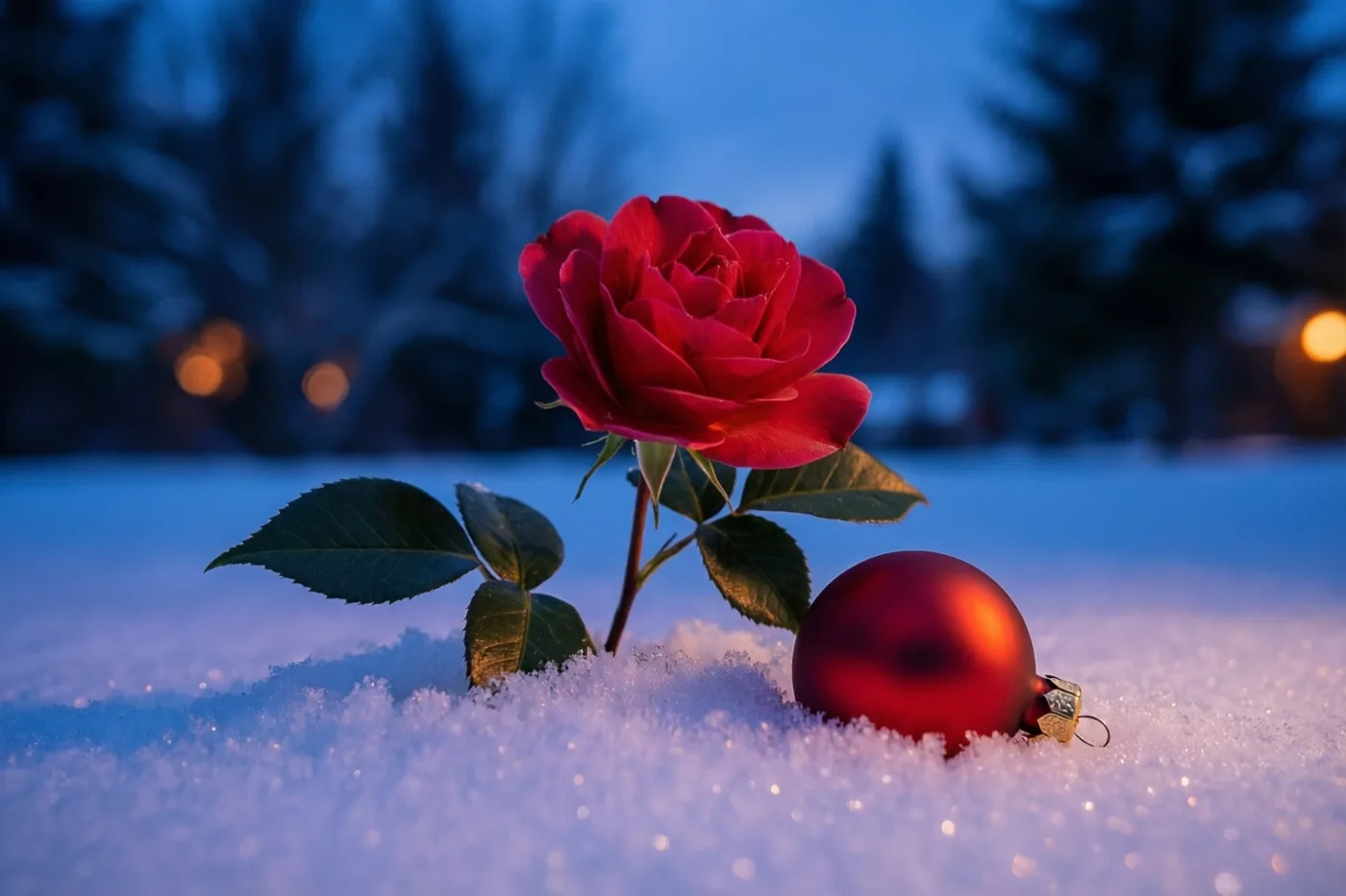 Een rode roos bloeit door verse sneeuw naast een rode kerstbal, tegen een koelblauwe achtergrond met warme onscherpe lichtjes in de schemering.