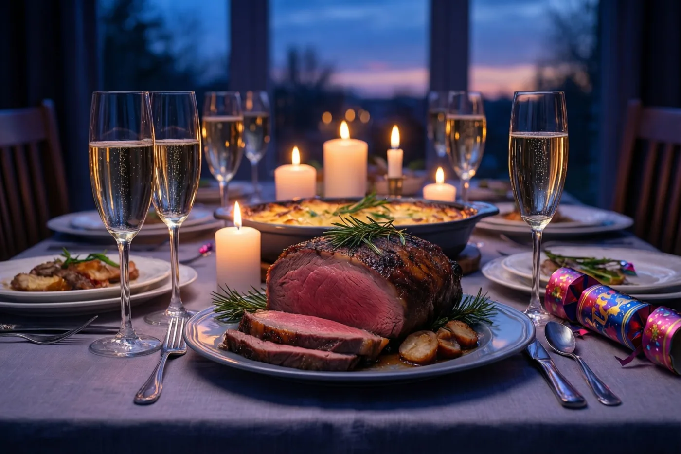 Een tafel met aangesneden rosbief, een gratinschotel, brandende kaarsen, champagneglazen en feestcrackers staat voor ramen met zicht op de schemering.