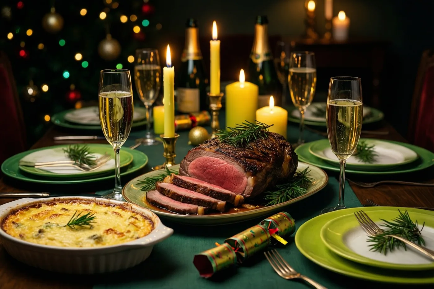 Een tafel met aangesneden rosbief, een gratinschotel, kaarsen, champagneglazen en feestcrackers op de borden staat voor een kerstboom.