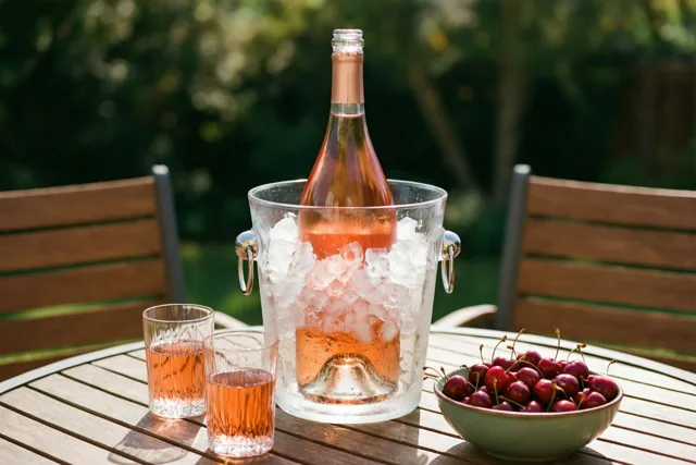 Een fles rosé staat in een ijsemmer op een houten terrastafel, naast twee glazen rosé en een kom rode kersen, met groen op de achtergrond.