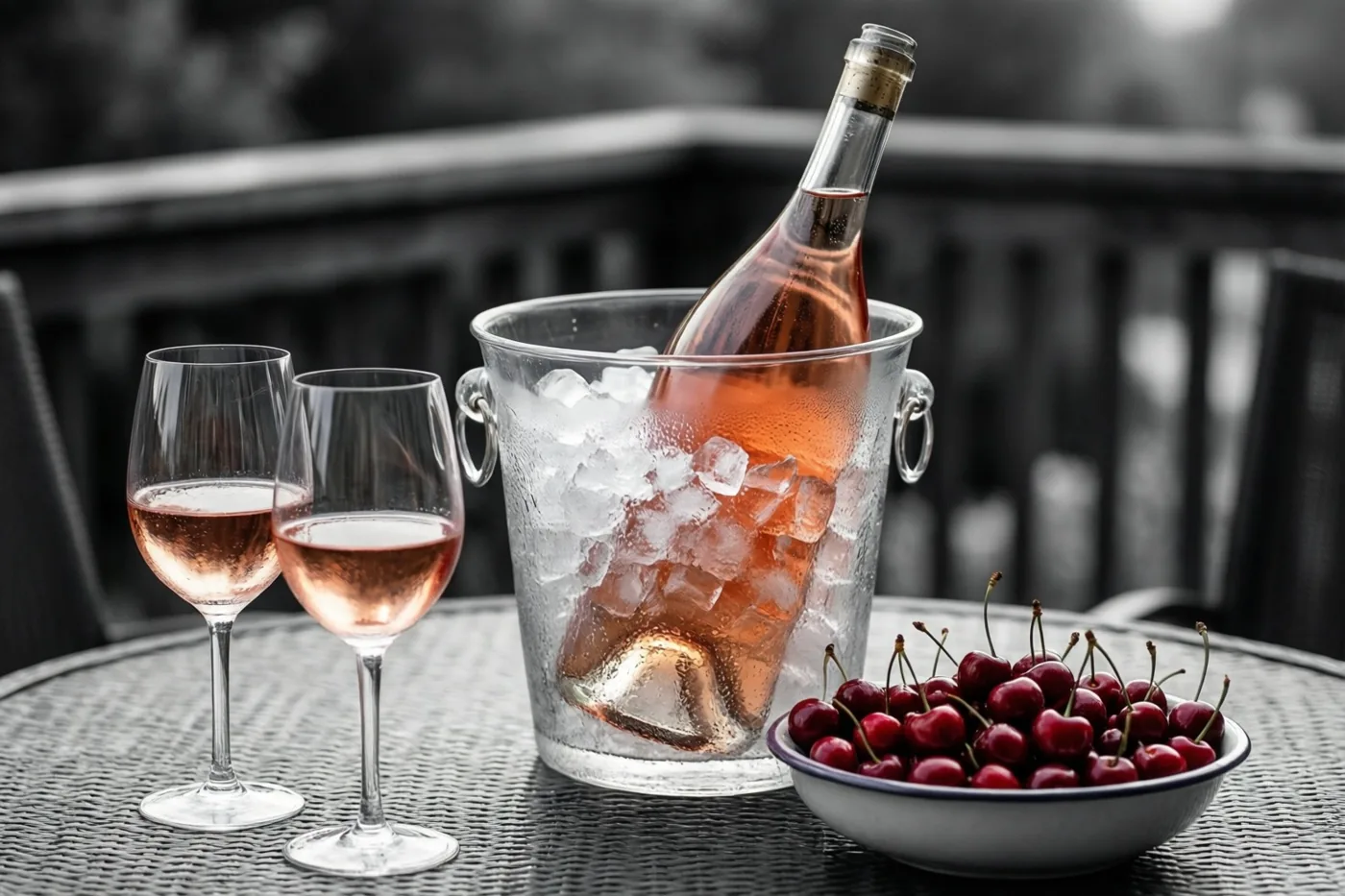 Een fles rosé in een ijsemmer staat naast twee gevulde glazen en een kom rode kersen op een terrastafel van gevlochten metaal, met een onscherpe reling op de achtergrond.