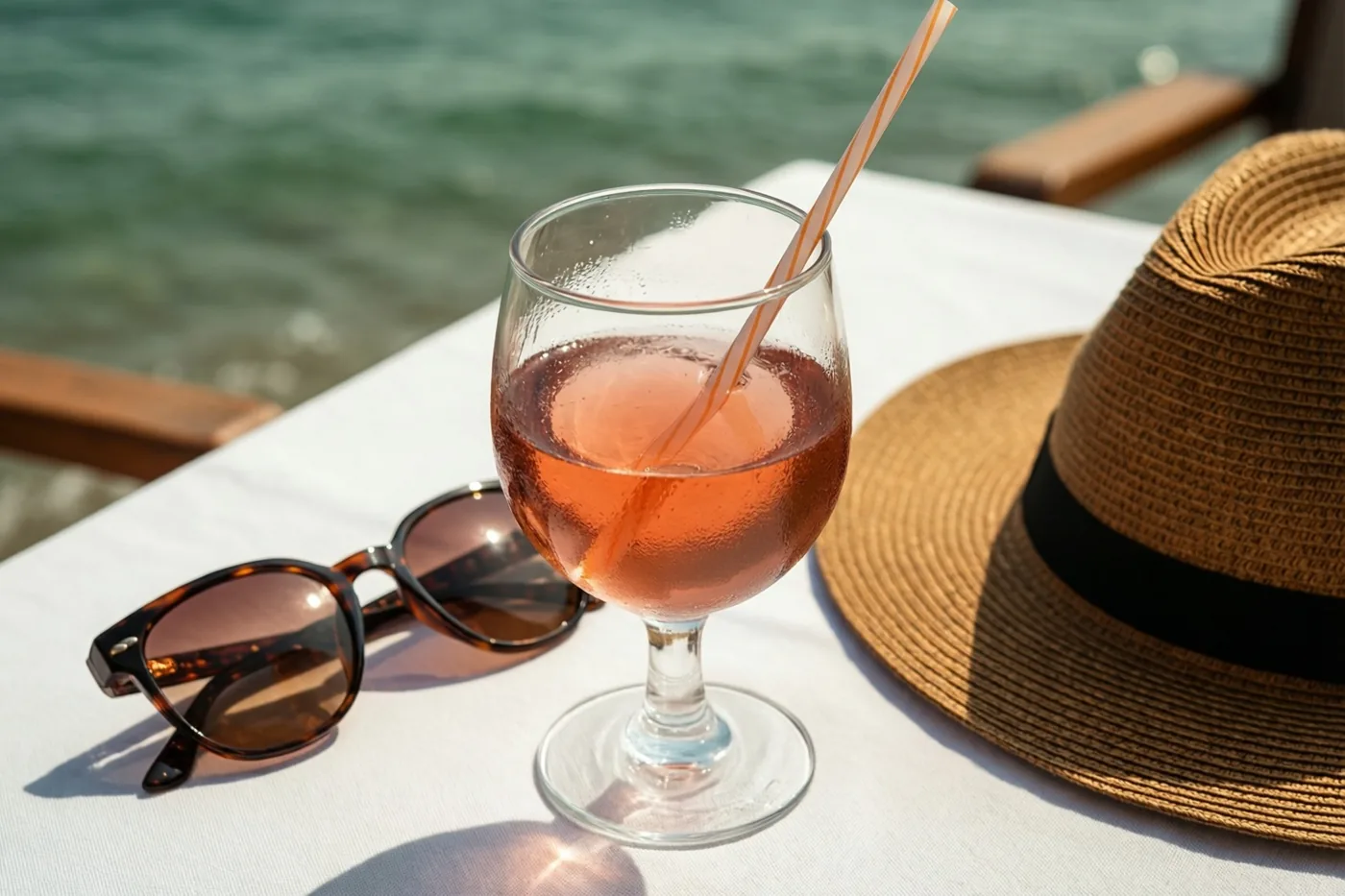 Een glas rosé met een gestreept rietje staat naast een zonnebril en een strohoed op een wit tafellaken op een terras in fel zonlicht, met de zee op de achtergrond.