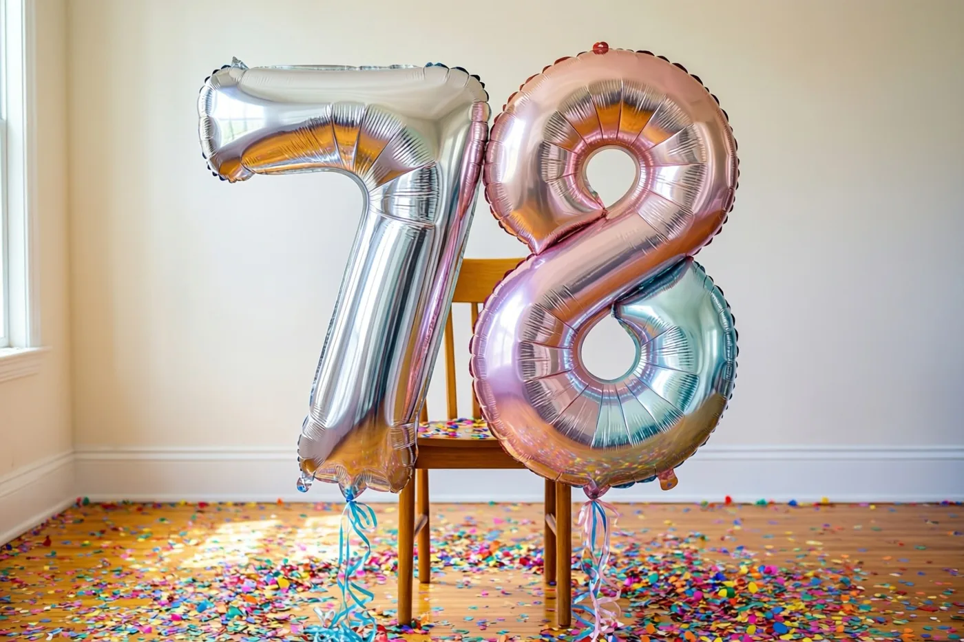 Folieballonnen in de vorm van een 7 en een 8 hangen aan een houten stoel, met zilveren en zacht roségouden weerspiegelingen en kleurrijke confetti op de vloer.