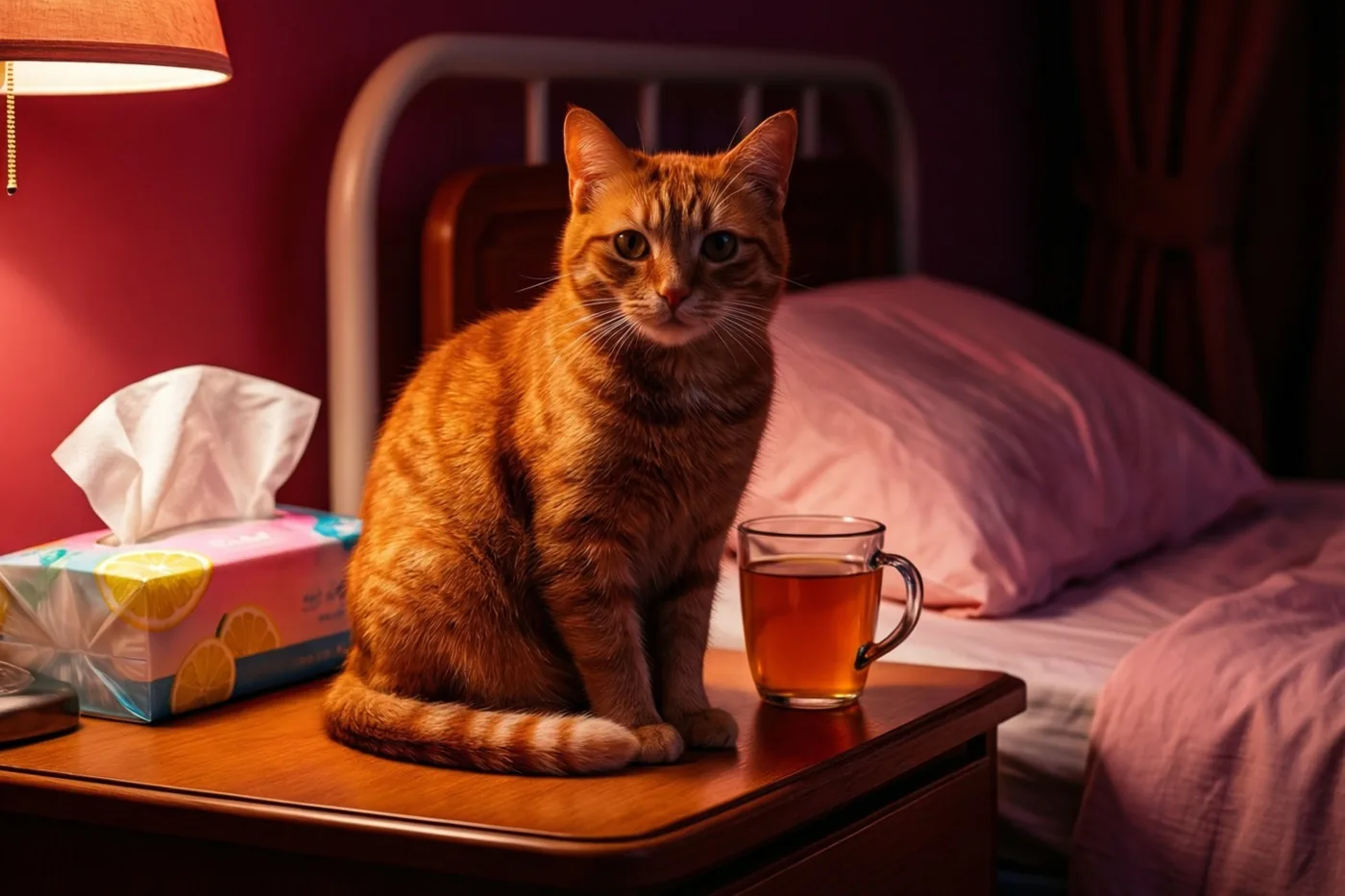 Een rosse kat zit op een houten nachtkastje naast een glazen mok thee en een doos zakdoekjes, met een bed op de achtergrond in het warme licht van een bedlamp.
