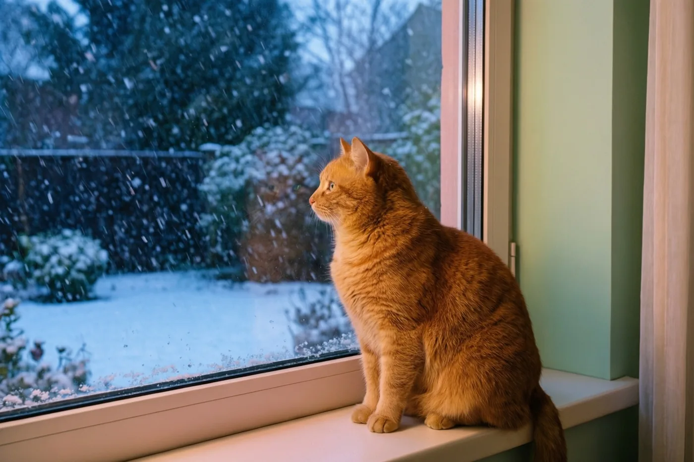 Een rosse kat zit op een vensterbank en kijkt naar vallende sneeuw in een tuin, met warm licht binnen en een koelblauwe achtergrond buiten.