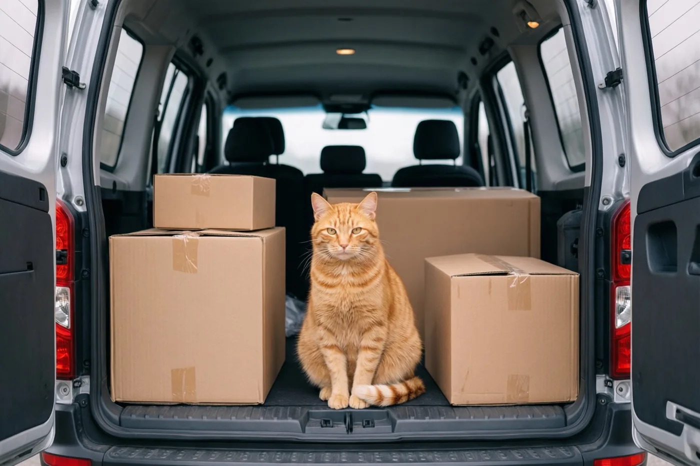 Een rosse kat zit rechtop tussen kartonnen verhuisdozen in de open achterkant van een witte bestelwagen bij daglicht.