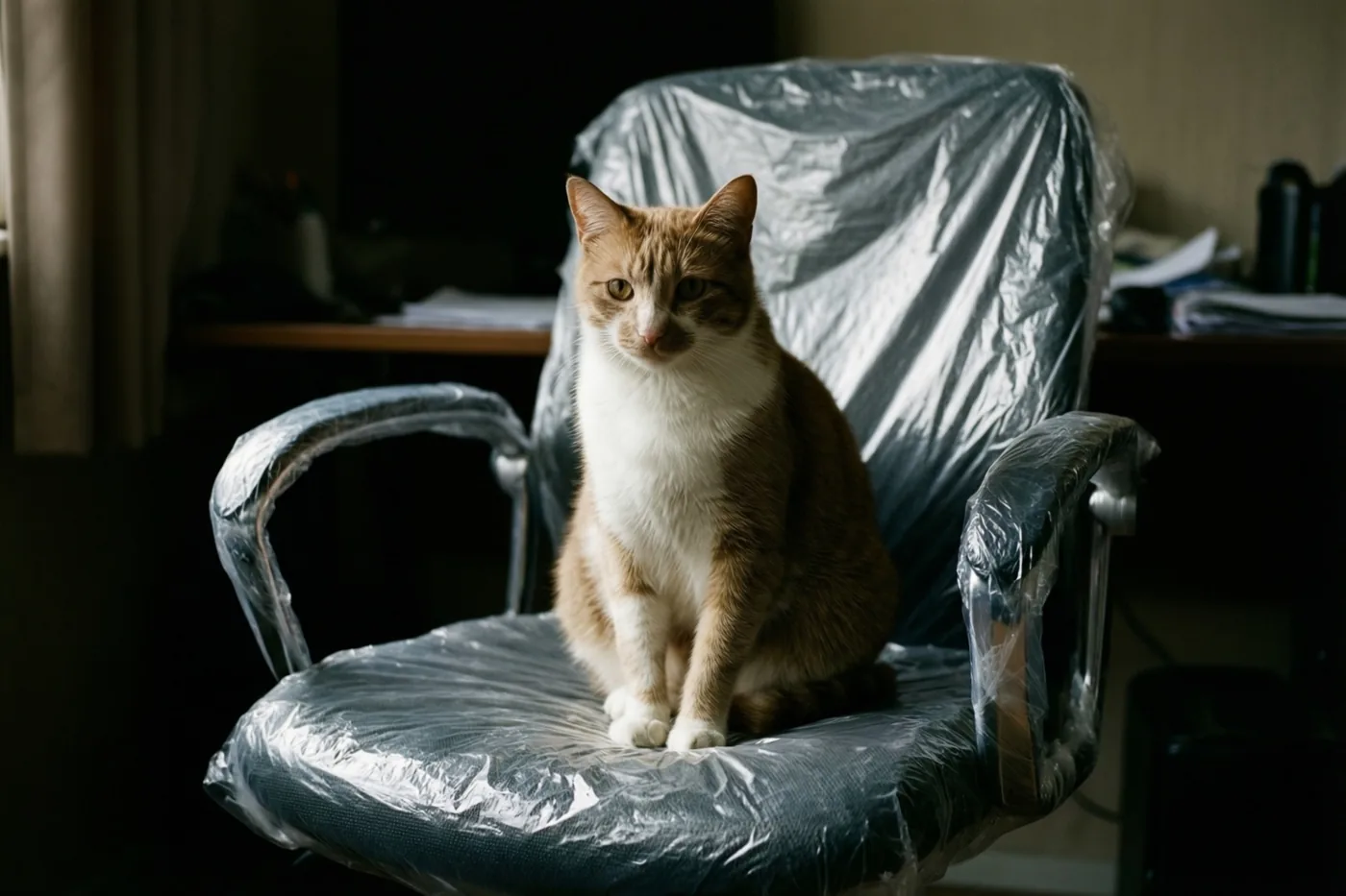 Een ros-witte kat zit rechtop op een bureaustoel in doorzichtig plastic in een schemerige kamer met donkere meubels.