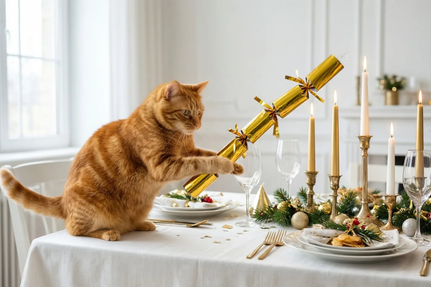 Een rosse kat zit op een wit tafelkleed en tikt tegen een grote gouden knalbonbon, tussen brandende kaarsen, glazen en kerstversiering in helder raamlicht.