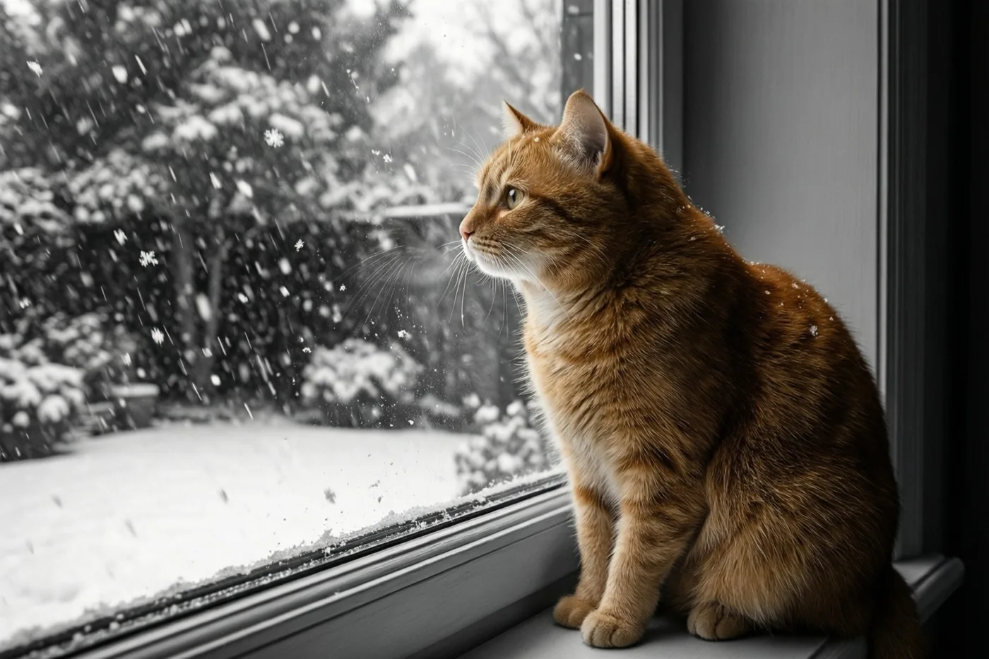 Een rosse kat zit binnen op een vensterbank en kijkt naar vallende sneeuw in een tuin, waarbij alleen de kat warme kleuren heeft tegen een zwart-witte achtergrond.