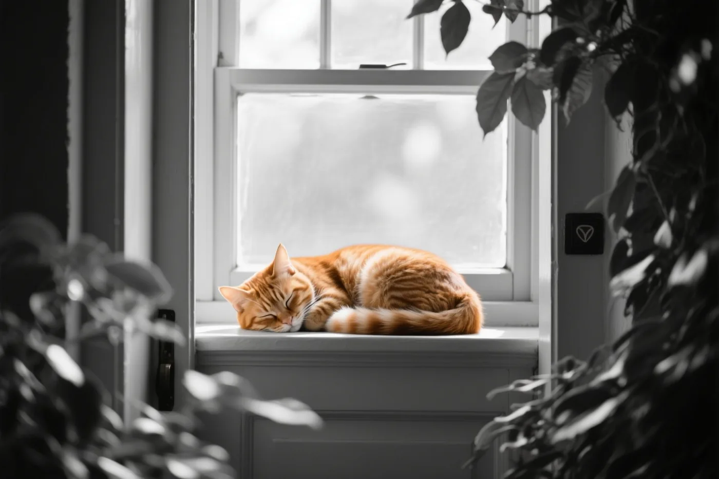 Een rosse kat slaapt opgerold op een zonnige vensterbank, omringd door onscherp gebladerte in zwart-wit, waarbij alleen de kat in kleur is.