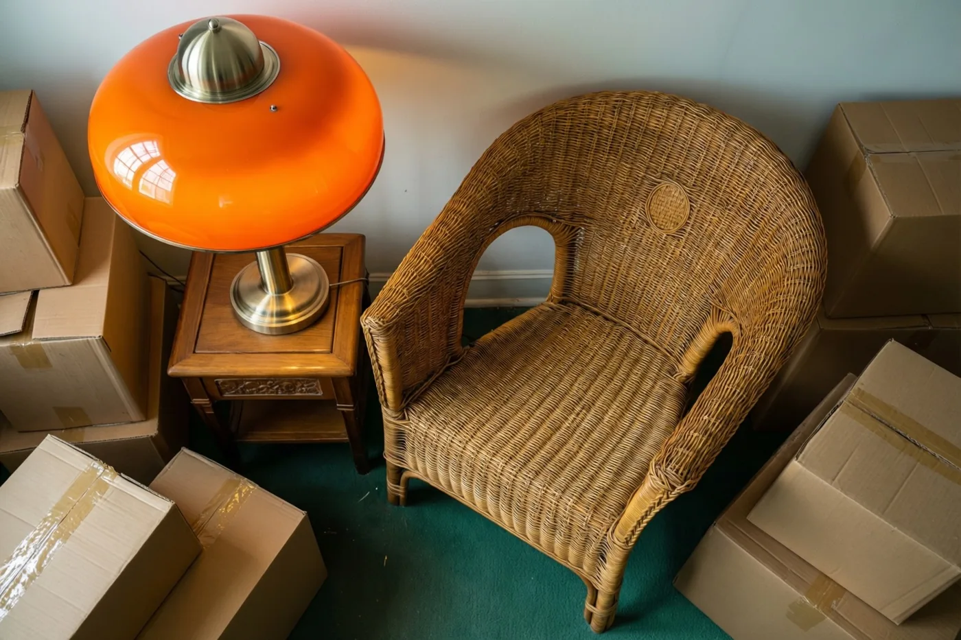 Een brandende oranje koepellamp en een rotan stoel staan op een groen tapijt tussen stapels kartonnen verhuisdozen in een verder lege kamer.