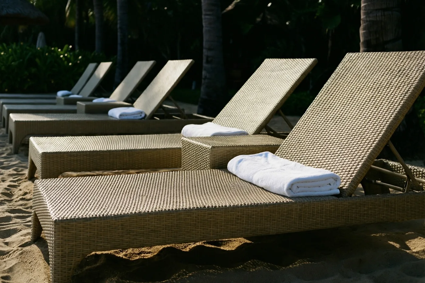 Een rij beige rotan ligstoelen met witte handdoeken staat op zand, met palmbomen en weelderig groen op de achtergrond in warm natuurlijk licht.