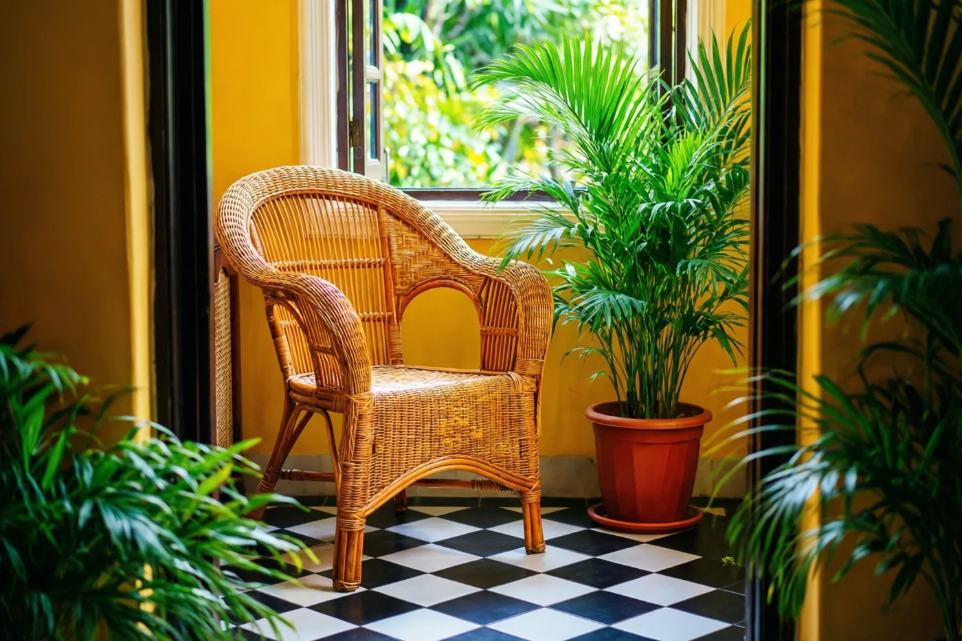 Een rotanstoel staat naast een palm in een pot op een zwart-wit geblokte vloer, bij warmgele muren en een raam met uitzicht op groen.