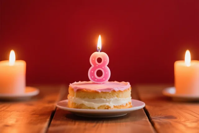 Op een houten tafel staat een kleine huisgemaakte roomtaart met roze glazuur en een brandend roze kaarsje in de vorm van een 8, omringd door kaarsen tegen een dieprode achtergrond.