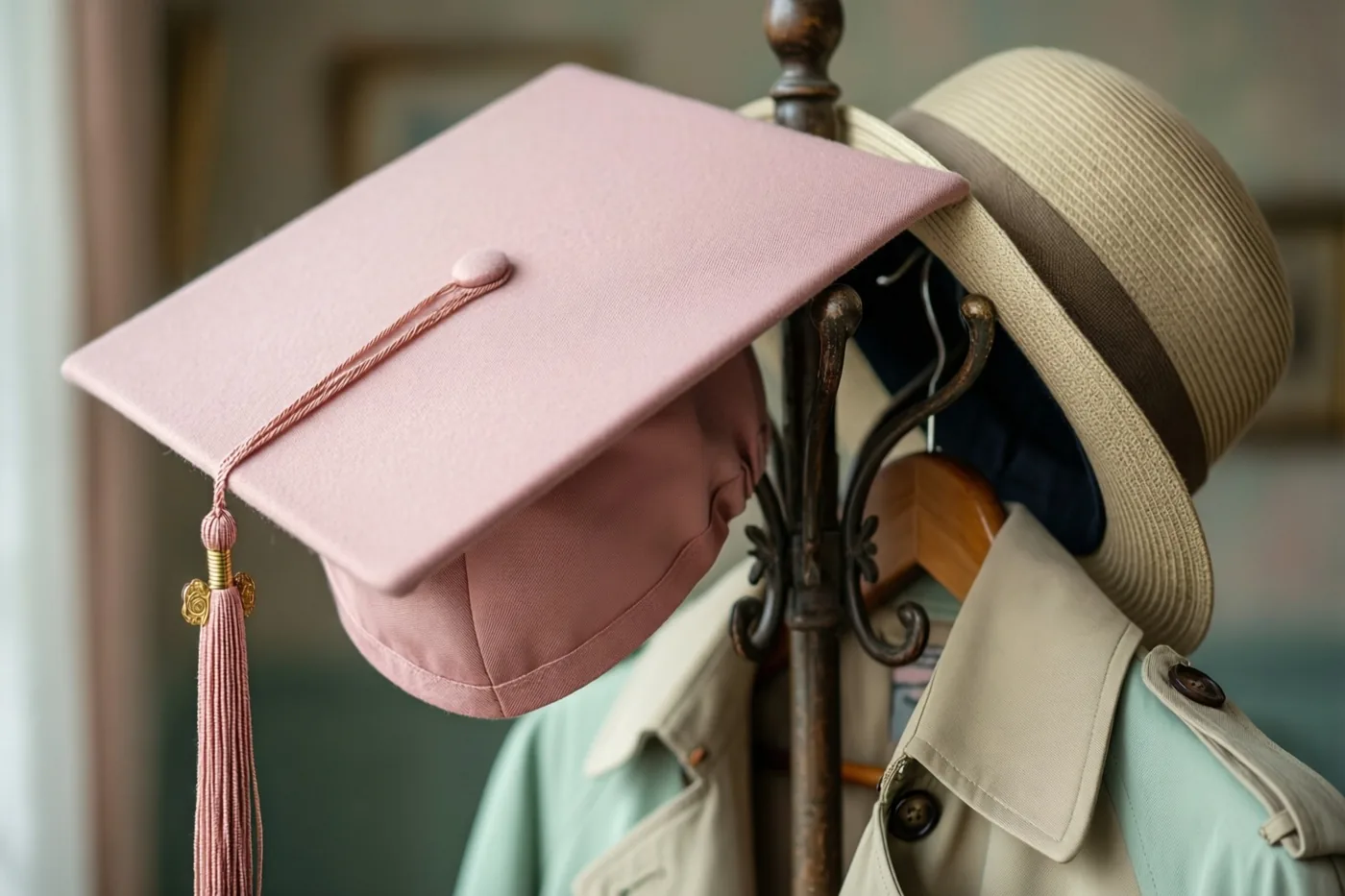 Een roze afstudeerhoed hangt aan een oude kapstok naast een beige trenchcoat en een strohoed, in zacht licht tegen een gedempte achtergrond.