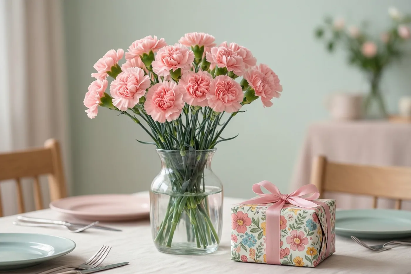 Een vaas roze anjers staat op een ontbijttafel naast een geschenk in bloemenpapier met een roze lint, met pastelkleurige borden en houten stoelen rondom.