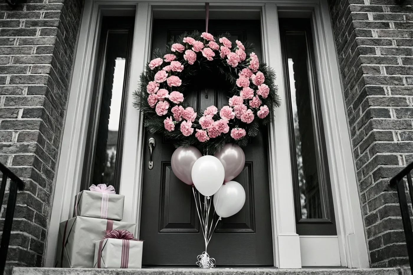 Een zwarte deur in een bakstenen muur is versierd met een krans van roze anjers en ballonnen, met ingepakte cadeaus op de drempel tegen een monochrome achtergrond.