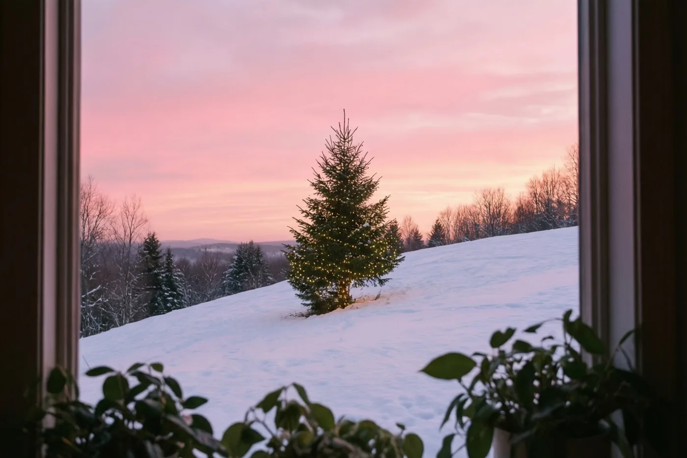 Door een raam met groen op de voorgrond is een besneeuwde helling te zien met een spar vol lichtjes onder een roze winterzonsondergang.