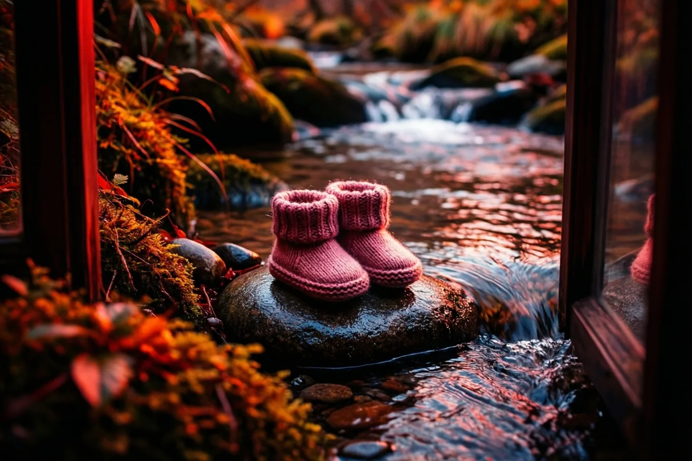 Kleine roze gebreide babyslofjes liggen op een gladde natte steen naast een heldere beek, omkaderd door donker hout, met warme herfsttinten en licht op het water.