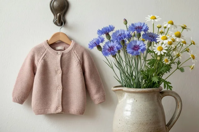 Een zachtroze gebreid babyvestje hangt op een houten kleerhanger aan een muurhaak boven een aardewerken kan met blauwe korenbloemen en witte kamille.
