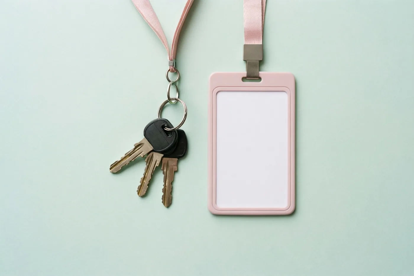 Drie sleutels en een blanco roze toegangsbadge hangen aan roze halskoorden tegen een licht mintgroene ondergrond.