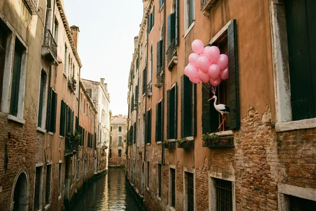 Langs een smalle gracht staan oude verweerde gebouwen met donkere luiken, met aan één raam roze ballonnen en een wit ooievaarsbeeldje in zacht warm licht.