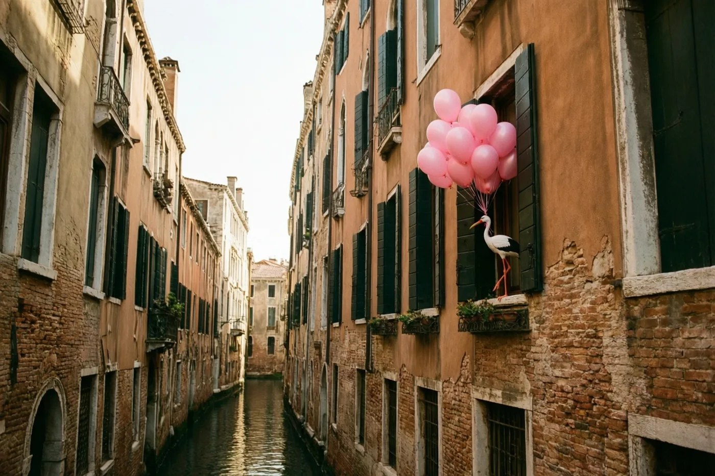 Langs een smalle gracht staan oude verweerde gebouwen met donkere luiken, met aan één raam roze ballonnen en een wit ooievaarsbeeldje in zacht warm licht.
