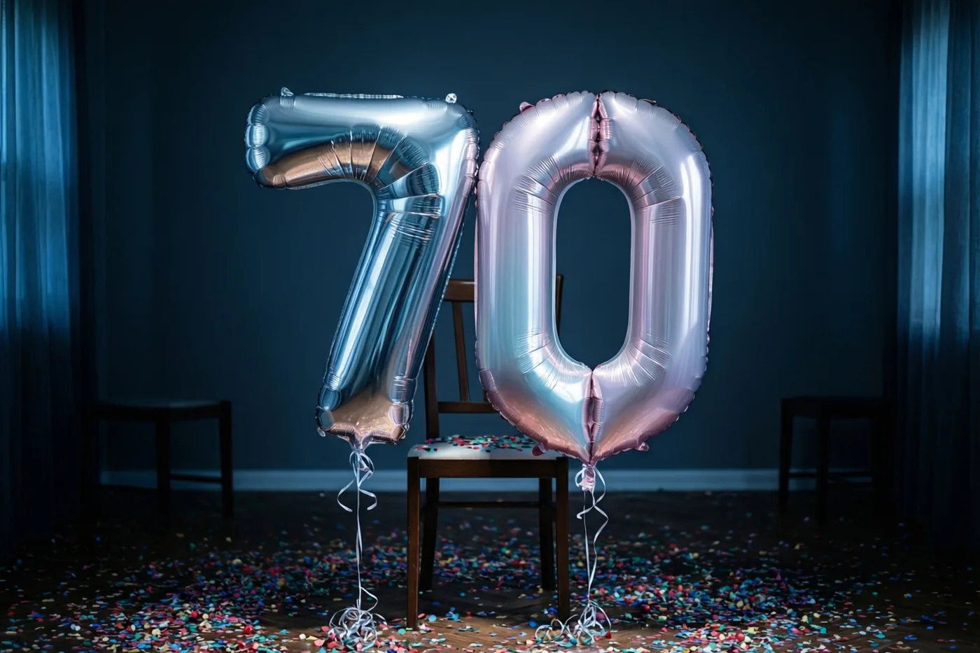 Zilveren en pastelroze folieballonnen vormen 70 aan een houten stoel in een schemerige kamer met gekleurde confetti op de houten vloer.