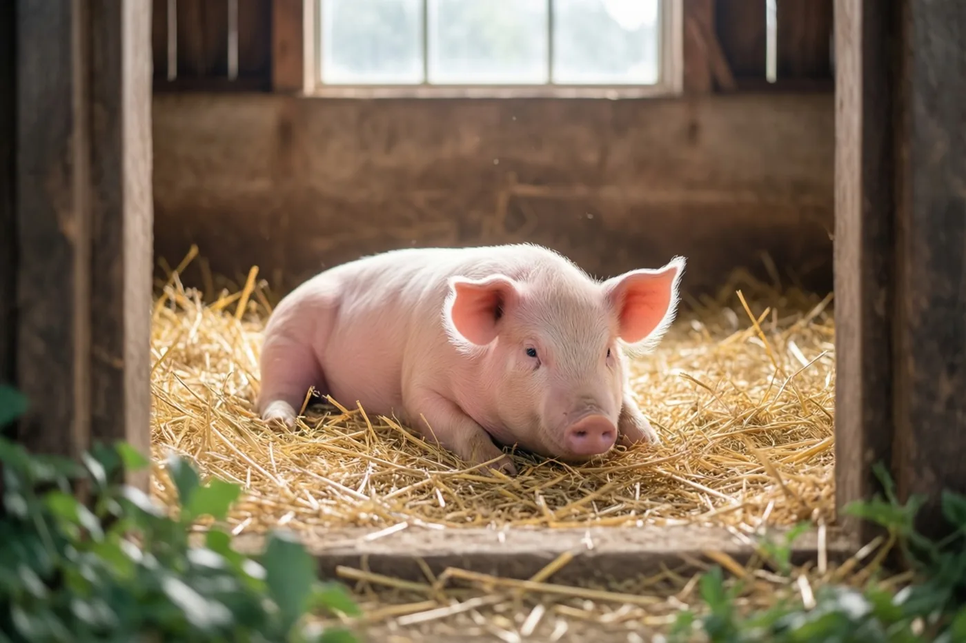 Een roze biggetje met hangoren ligt in goudgeel stro in een schuur, met zonlicht vanuit een raam en warme roze, gouden en bruine tinten.