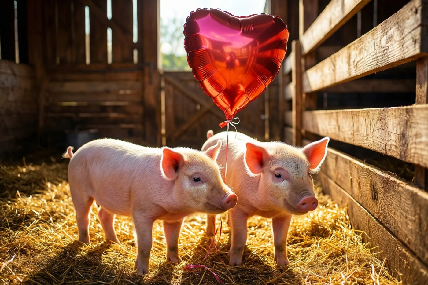 Twee kleine roze biggetjes staan op goudkleurig stro in een houten stal in warm zonlicht, met een glanzende rode hartvormige ballon aan het hek vlakbij.