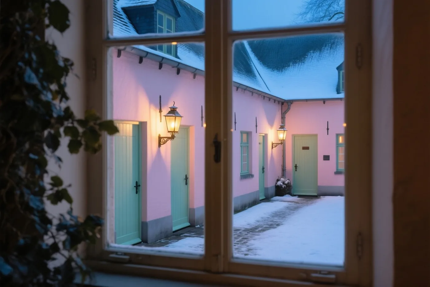 Door een houten raamkozijn is een besneeuwde binnenplaats te zien met pastelroze muren, mintgroene deuren en brandende wandlantaarns in de schemering.