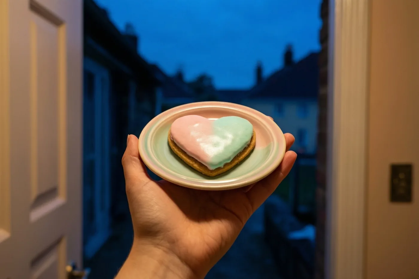 Een hand houdt bij een deuropening een bordje met een hartvormig koekje met roze en lichtblauw glazuur, met buiten een straat in de blauwe avondschemering.