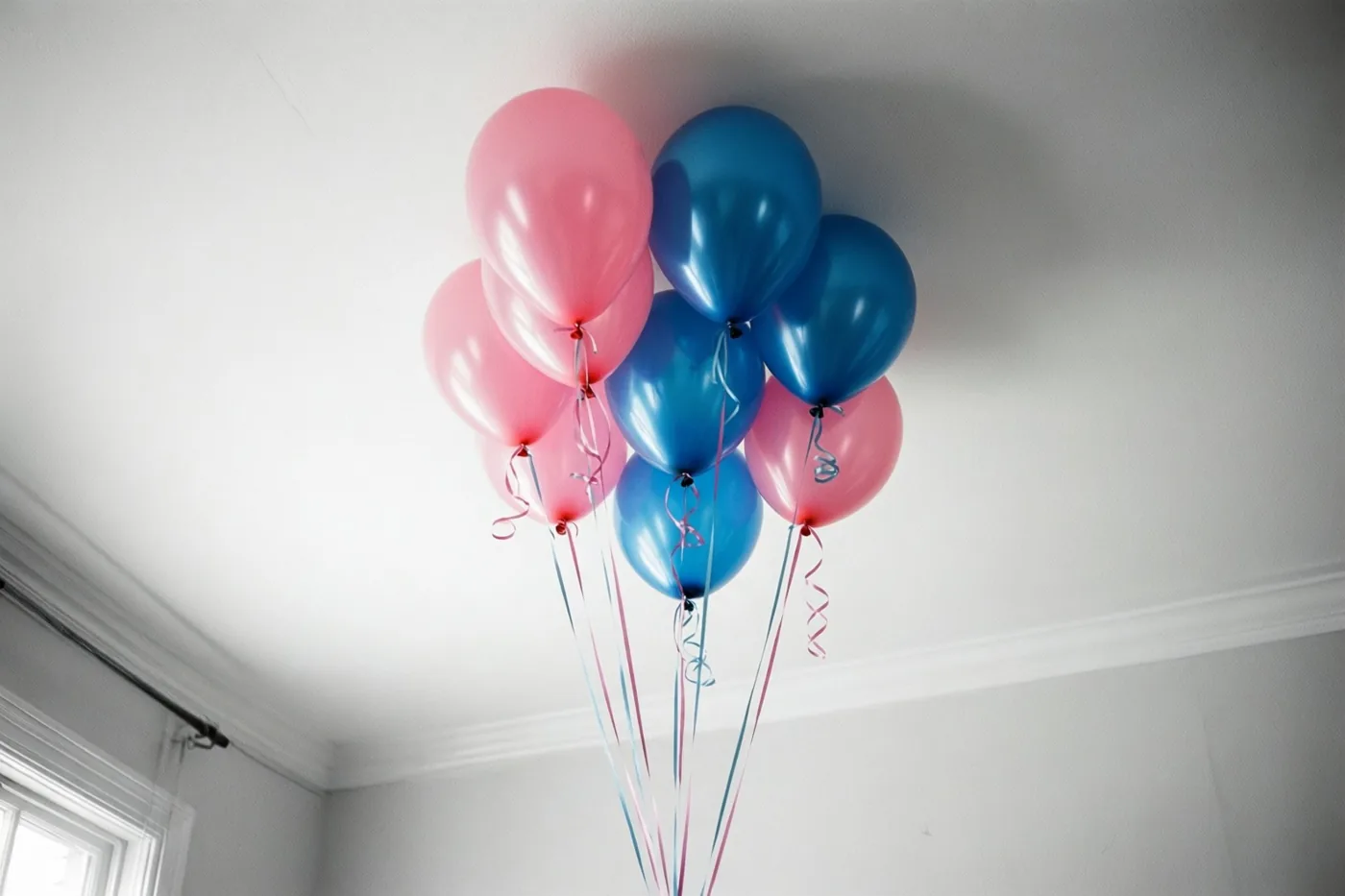 Een tros roze en blauwe ballonnen met lange linten zweeft tegen een wit plafond, met linksonder een raam in beeld.